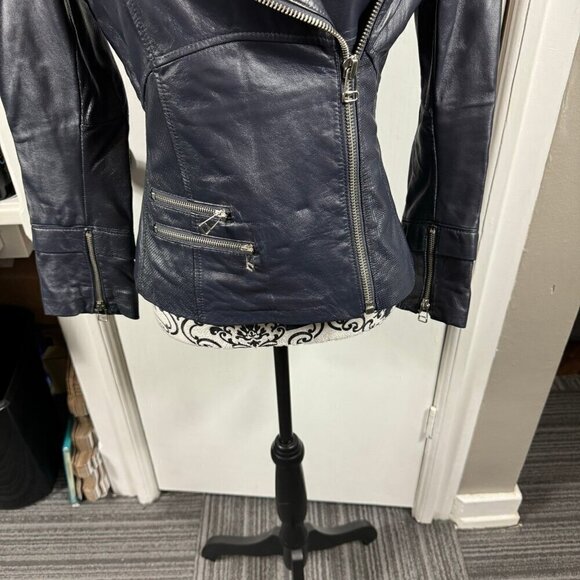 Philippe Adec navy blue 100% leather moto jacket size 4 - Picture 3 of 9